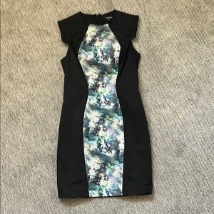 Bebe Black Dress with Abstract Multicolor Panel